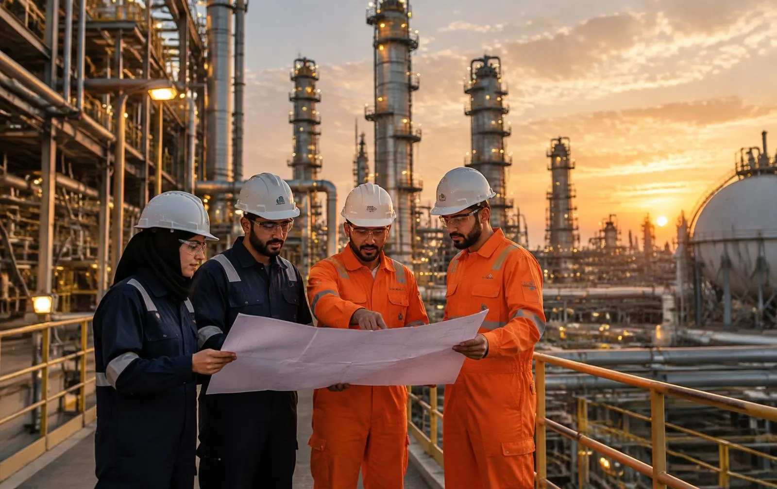 Industrial safety team reviewing site plans